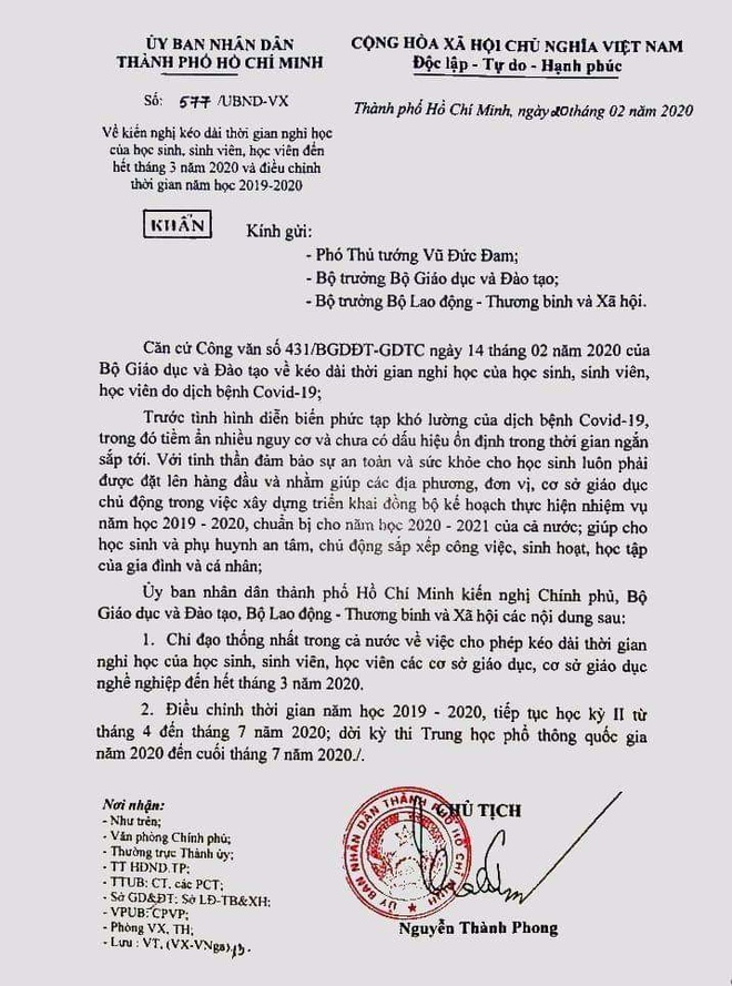 Công văn do Chủ tịch UBND TP.HCM Nguyễn Thành Phong ký ngày 20/2.