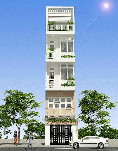 Nhà 5 tầng mặt tiền 3m vẫn đảm bảo sự trong lành và thông thoáng với hệ thống cửa kính hiện đại kết hợp cây xanh bố trí trên ban công và lan can. Ảnh: Kientrucsuvietnam.