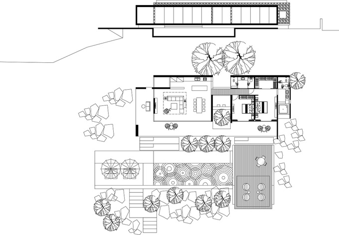 Bản vẽ mặt bằng tầng trệt của IDEE Architects. Diện tích xây dựng của công trình là 280 m2.