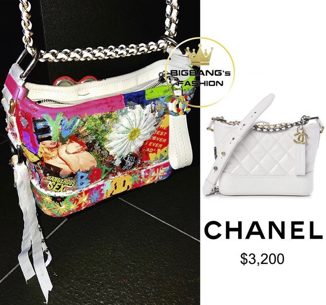 Mẫu túi xách màu trắng của nhà mốt Chanel được G-Dragon trang trí bằng nhiều hoạ tiết lạ mắt. Ảnh: @xxxibgdrgn.