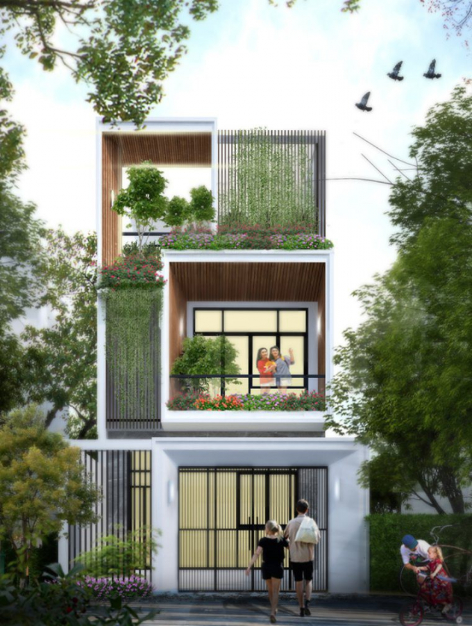 Trên mảnh đất 6x20m, nhà 3 tầng dành một phần diện tích trước, giữa và sau nhà để làm sân vườn. Ảnh: Diendandatdai.