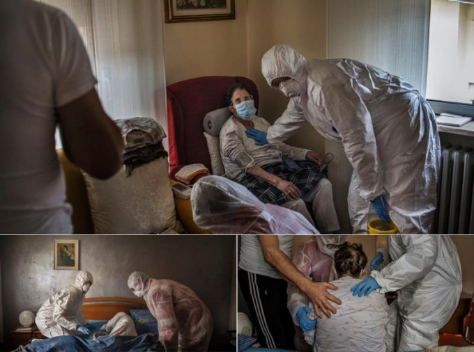 Cụ bà Teresina Coria, 88 tuổi, được các nhân viên y tế giúp đỡ đưa tới bệnh viện.