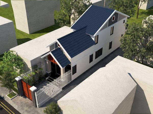 Ngôi nhà sử dụng mái tôn màu xanh đậm kết hợp với tường trắng đẹp hút mắt. Thiết kế nhiều cửa sổ kính viền gỗ vừa tăng tính thẩm mỹ vừa giúp lấy ánh sáng. Ảnh: Homemy.