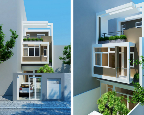Mẫu nhà phố 3 tầng 5x20m nổi bật với thiết kế ấn tượng gồm sâm trước, chỗ để xe, vườn cảnh và khoảng thông tầng. Ảnh: Xaynhapho.