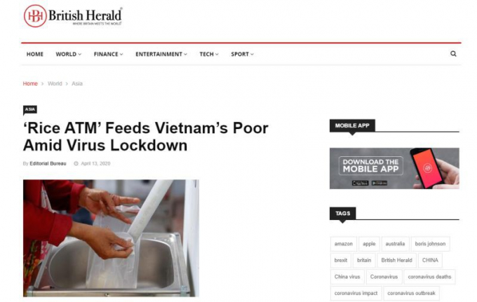 Tờ Bristish Herald của Anh đăng tải lại nội dung bài viết của Reuters về ATM gạo Việt Nam.