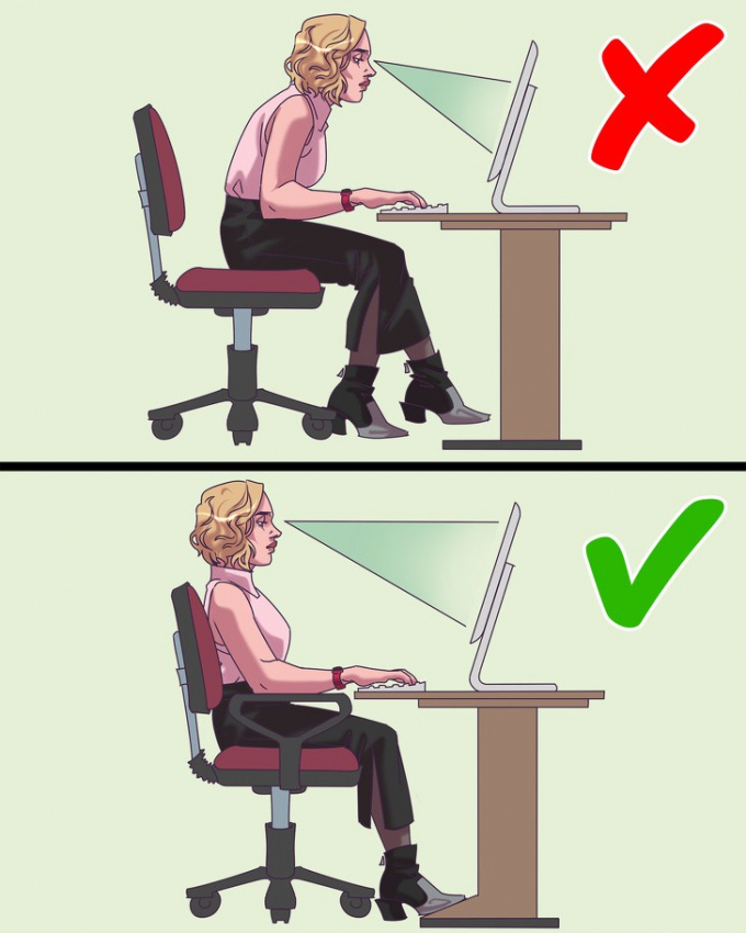 Không để màn hình máy tính ngang tầm mắt: Khi làm việc, hãy đảm bảo màn hình máy tính ngang với tầm mắt. Thói quen ngồi làm việc này không chỉ giúp bạn thoải mái hơn mà còn bảo vệ cổ, lưng bạn luôn thẳng.