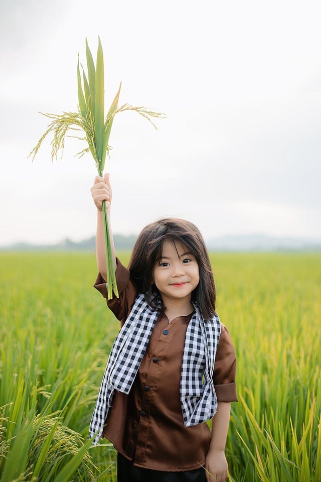 Bộ ảnh được thực hiện tại cánh đồng lúa đang trổ bông. Đây cũng là trải nghiệm đáng nhớ đối với bé Thu Trang.