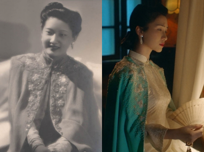 Chiếc áo choàng màu xanh của Hòa Minzy mặc trong phân cảnh ru con cũng được NTK đính hạt tỉ mỉ theo gần đúng nguyên mẫu chiếc áo choàng Nam Phương Hoàng Hậu.
