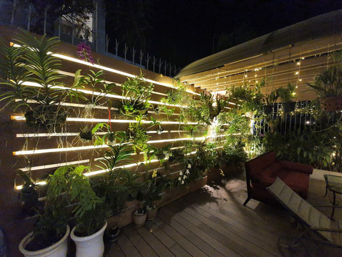 Hình ảnh khu vườn lúc buổi tối của gia đình Vũ Thu Phương được thiết kế thêm ánh đèn, tạo sự huyền ảo cho khu vườn.