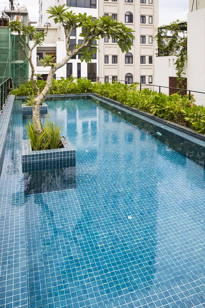Bể bơi trên mái được thiết kế dọc theo chiều dài ngôi nhà, phục vụ khách thuê. Nguồn ảnh: Hiroyuki Oki.