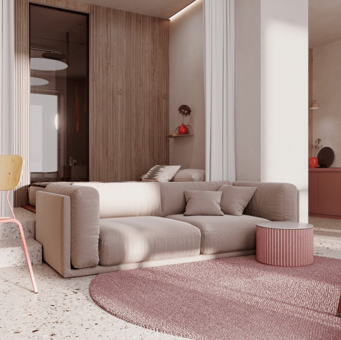 Ghế sofa thấp cho phép ánh sáng đi qua, làm nổi bật màu sắc tường phía sau căn hộ.