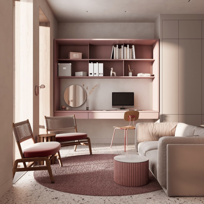 Màu hồng của giá sách, thảm trải sàn và ghế ngồi….tạo nên sự mới lạ cho phòng khách.
