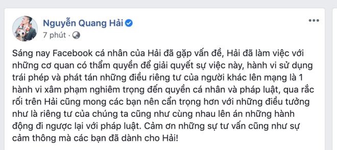 Quang Hải thông báo lấy lại được quyền kiểm soát Facebook cá nhân.