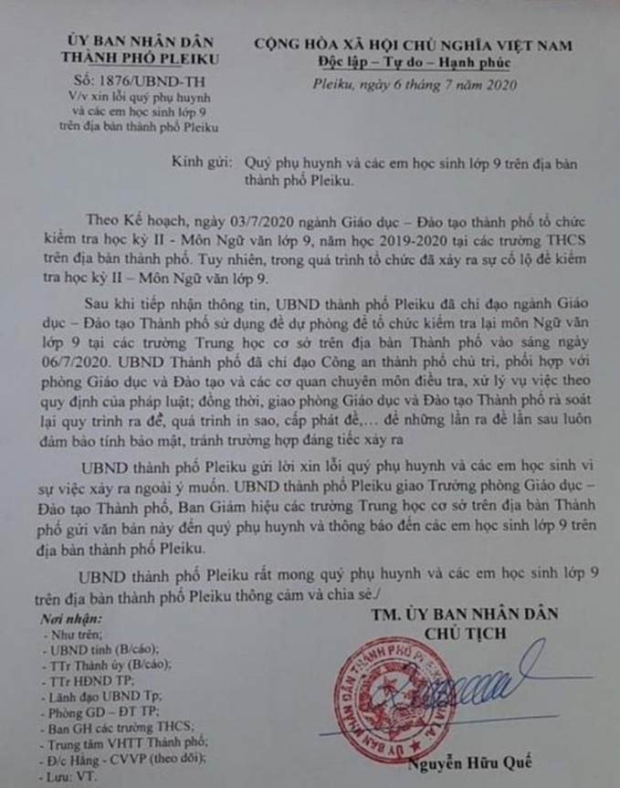   Công văn xin lỗi phụ huynh, học sinh của Chủ tịch UBND TP Pleiku.