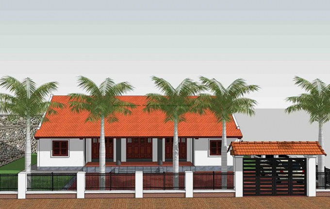 Ngôi nhà thiết kế ấn tượng với mái ngói đỏ truyền thống, khoảng sân rộng và vườn cây xanh mát. Ảnh: Wedo.