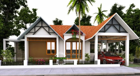 Thiết kế mở bên phải ngôi nhà vừa là nơi che chắn, vừa là nơi để ô tô. Phía trước nhà thiết kế hàng rào thấp và trồng hoa.