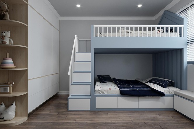 Phòng cho các bé được tích hợp giường tầng để tiết kiệm không gian, kệ tủ quần áo riêng kèm tủ kéo thông minh dưới cầu thang của giường tầng, giúp các bé dễ sử dụng và cất được nhiều đồ hơn.