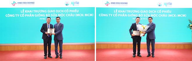  Lãnh đạo Sở Giao dịch chứng khoán Hà Nội (phải) trao chứng nhận đăng ký giao dịch cho Tổng giám đốc công ty Mộc Châu Milk (trái).