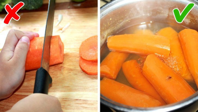 5. Nấu chín cà rốt cả củ: Cà rốt chứa nhiều beta carotene, chất xơ, vitamin K1, kali và chất chống oxy hóa. Chúng giòn, ngon và rất bổ dưỡng. Hơn nữa, chất chống oxy hóa carotene của chúng có liên quan đến việc giảm nguy cơ ung thư. Cà rốt nấu cả củ chứa nhiều hơn 25% falcarinol, một hợp chất chống ung thư, so với cà rốt được cắt nhỏ.