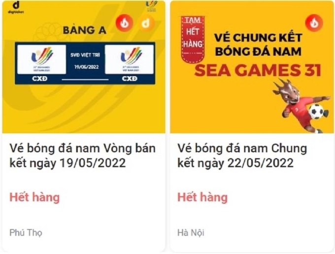 Lúc 11h sáng 16/5, trên trang chủ SEA Games 31 và nền tảng Digiticket.vn, phần mua vé cho trận bán kết ngày 19/5 và trận chung kết đều được thông báo hết hàng. (Ảnh chụp màn hình)