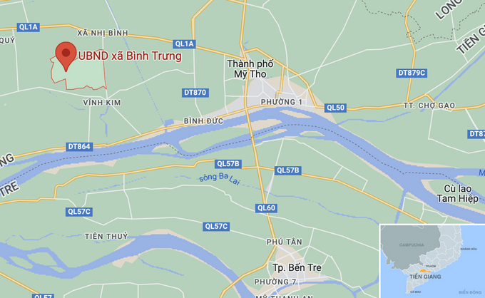 Án mạng xảy ra trên địa bàn xã Bình Trưng, huyện Châu Thành, Tiền Giang. Ảnh: Google Maps.