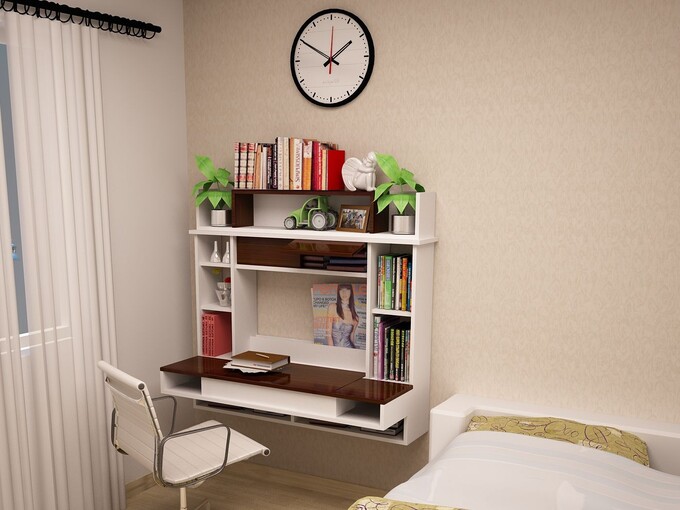 Bàn làm việc kết hợp treo tường sẽ giúp bạn sử dụng ngăn kéo của giường được thuận tiện hơn.