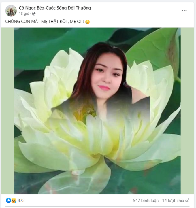 Thông tin Cô Ngọc Béo qua đời được chia sẻ trên fanpage chính thức