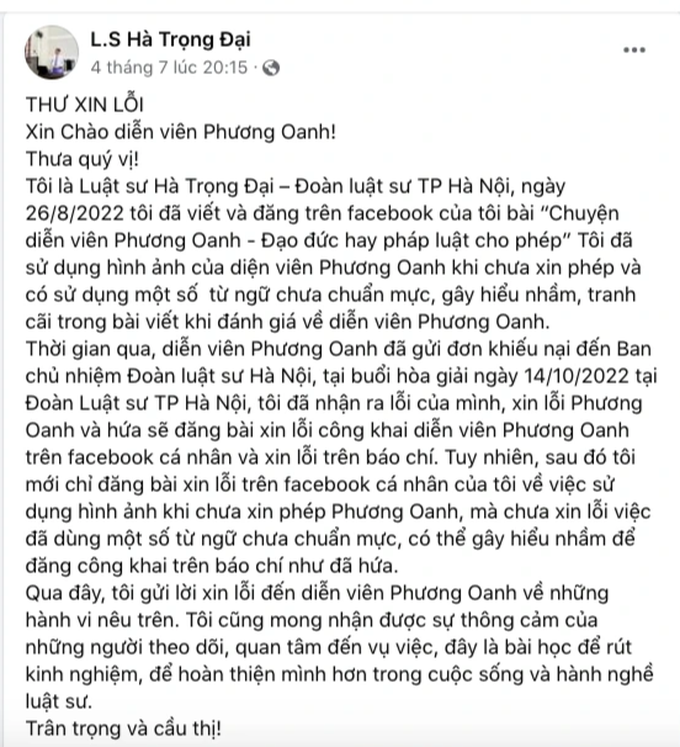 Luật sư Hà Trọng Đại gửi lời xin lỗi diễn viên Phương Oanh trên Facebook cá nhân (Ảnh chụp màn hình: T.K).