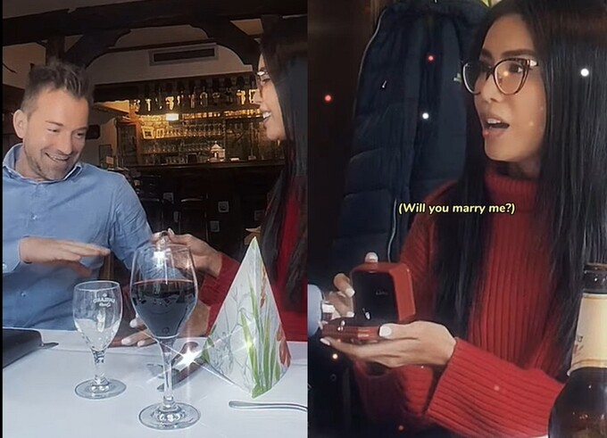 Mới đây, siêu mẫu Minh Tú bất ngờ chia sẻ khoảnh khắc cô cầu hôn Chris khi cùng anh đi ăn tại một nhà hàng ở vùng quê nước Đức. Ảnh chụp màn hình
