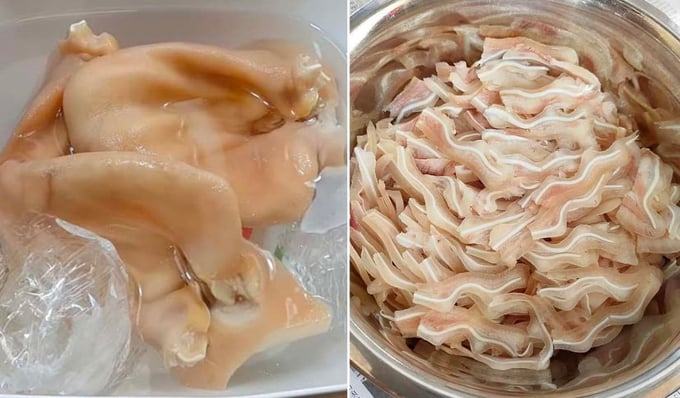 Tai heo luộc xong vớt ra ngâm nước đá sạch.