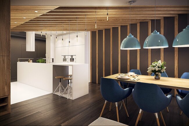 Tông màu gỗ tối chủ đạo tương phản với không gian trắng hiện đại của nhà bếp.