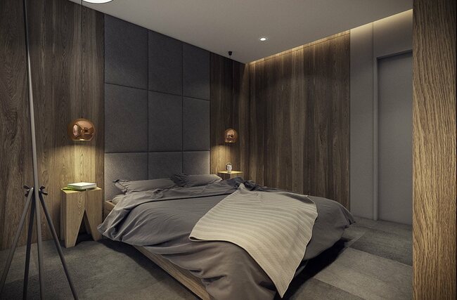 Đồ nội thất đơn giản với chiếc giường ở vị trí trung tâm. Tại đây, đèn bóng mờ với chụp bằng đồng nổi tiếng của Philipp Mainzer.
