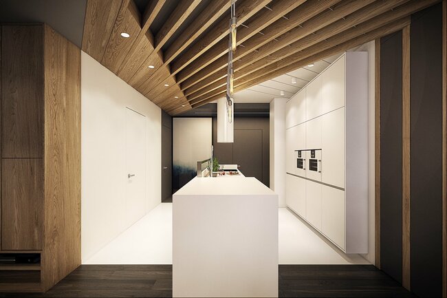 Không gian nấu ăn với sàn và tường bao phủ màu trắng, đối lập với màu trầm tối phía trên của căn bếp, tạo độ sâu trực quan khi ngắm nhìn căn bếp.