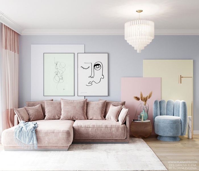  Phòng khách với gam màu xanh, nâu, hồng, vàng pastel nhẹ nhàng, cuốn hút, tạo ra cảm giác nhẹ nhàng, thư giãn và phù hợp với không gian nội thất hiện đại.