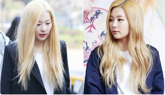  Nếu để ý kỹ bạn sẽ thấy mái tóc vàng óng ả kia của Seulgi (Red Velvet) chẻ ngọn tùm lum và khô như rơm . 