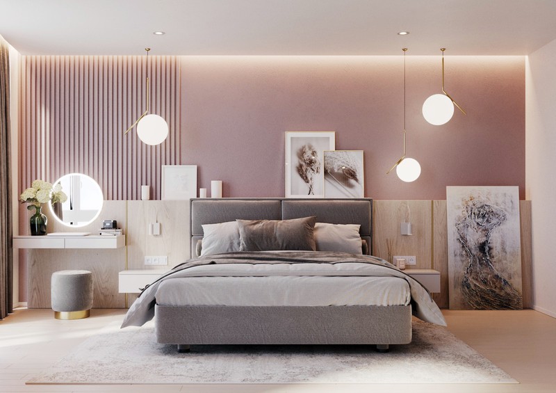  Đèn trang trí khiến phòng ngủ màu hồng pastel trở nên nổi bật.