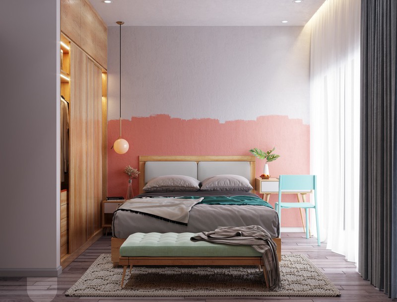  Kỹ thuật kết hợp hai màu sơn dường như không có sự mới lạ, nhưng cách sơn ngẫu hứng và tự nhiên chính là yếu tố tạo nên đặc trưng riêng biệt cho căn phòng.