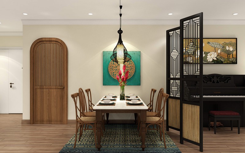  Vách ngăn gỗ, ngăn giữa phòng khách với phòng ăn tạo sự riêng tư cho các thành viên.