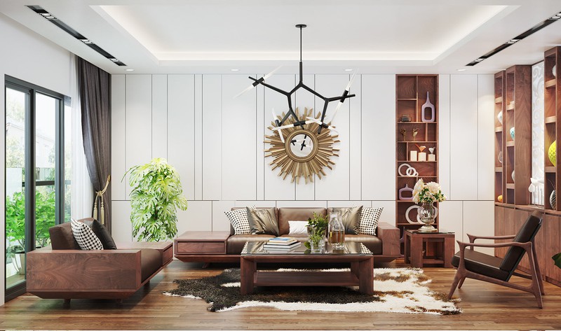 Phòng khách gây ấn tượng bằng bộ bàn ghế sofa bằng gỗ cao cấp. Một sự kết hợp nội thất gỗ với phong cách kiến trúc mở, mang đến cái nhìn toàn diện sang trọng, khiến gia chủ luôn cảm thấy tự hào.