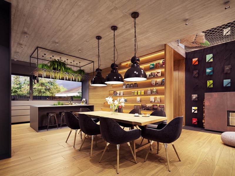 Phòng ăn mang phong cách hiện đại với trần nhà, bàn, ghế đều làm từ gỗ công nghiệp. Những chiếc đèn màu đen từ trên trần nhà rủ xuống góp phần tỏa sáng, làm cho căn phòng trở nên ấm áp hơn.