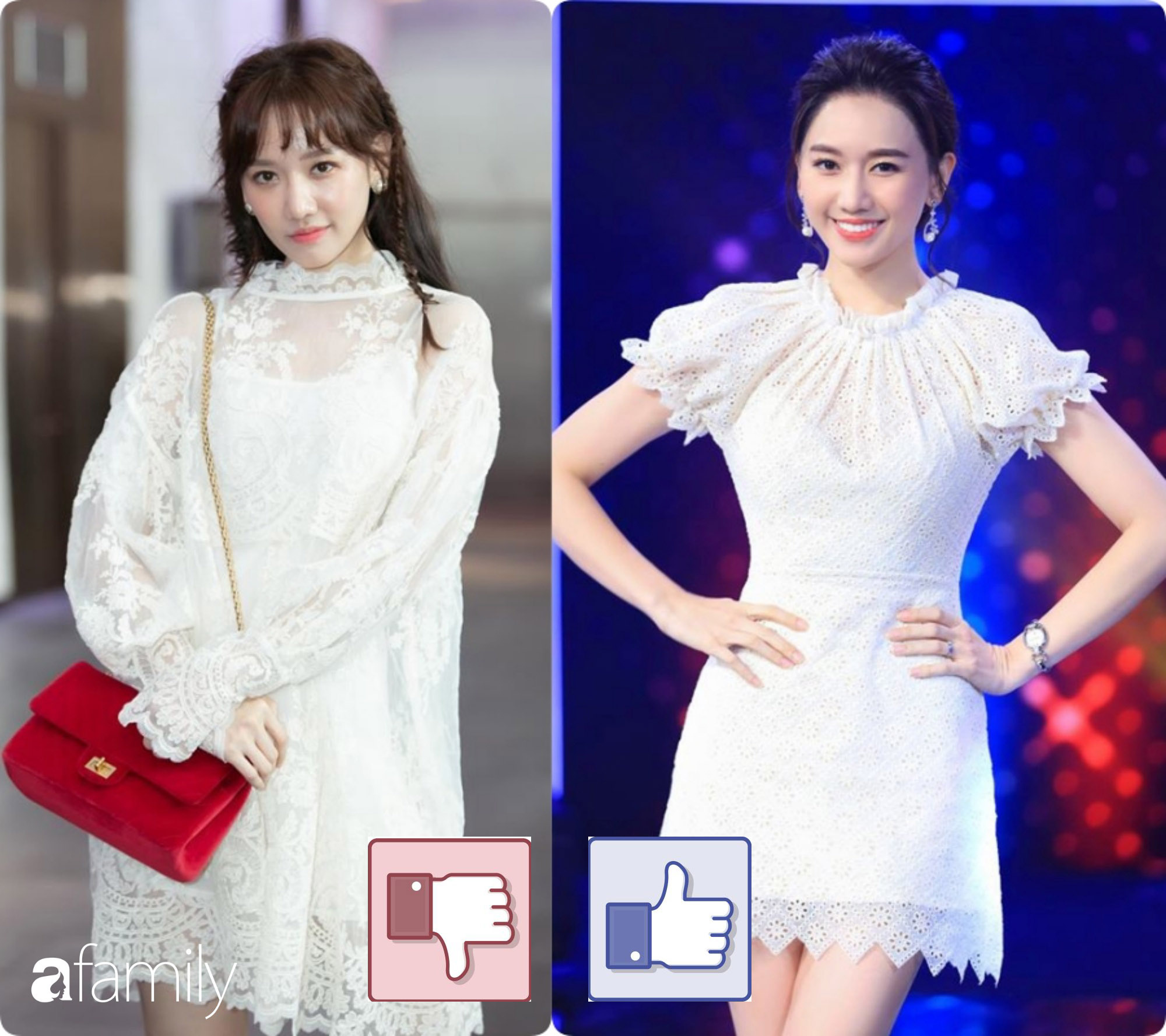  Cũng là một thiết kế váy ren trắng tinh khôi nhưng dáng váy chữ A thắt eo nhẹ nhàng nhìn vóc dáng của Hari Won thon thả, cân đối hơn hẳn. Nhìn Hari cũng cao ráo hơn khi diện thiết kế có đường thắt eo.
