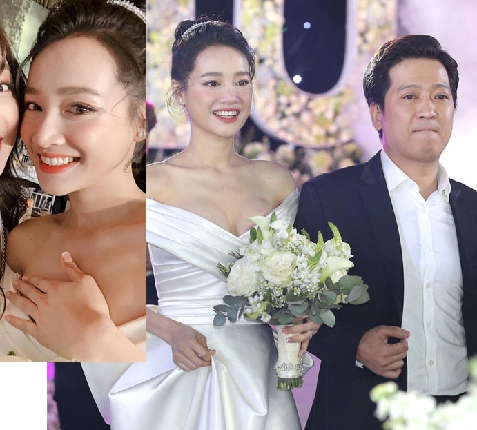 Trong đám cưới của chính mình, nữ diễn viên Nhã Phương lựa chọn thiết kế trễ vai quen thuộc. Tuy nhiên với sở thích mặc này, cô nàng gặp rắc rối lớn, phải lấy tay che chắn khi cúi xuống hoặc chụp ảnh cùng bạn bè để tránh khoảnh khắc kém duyên.