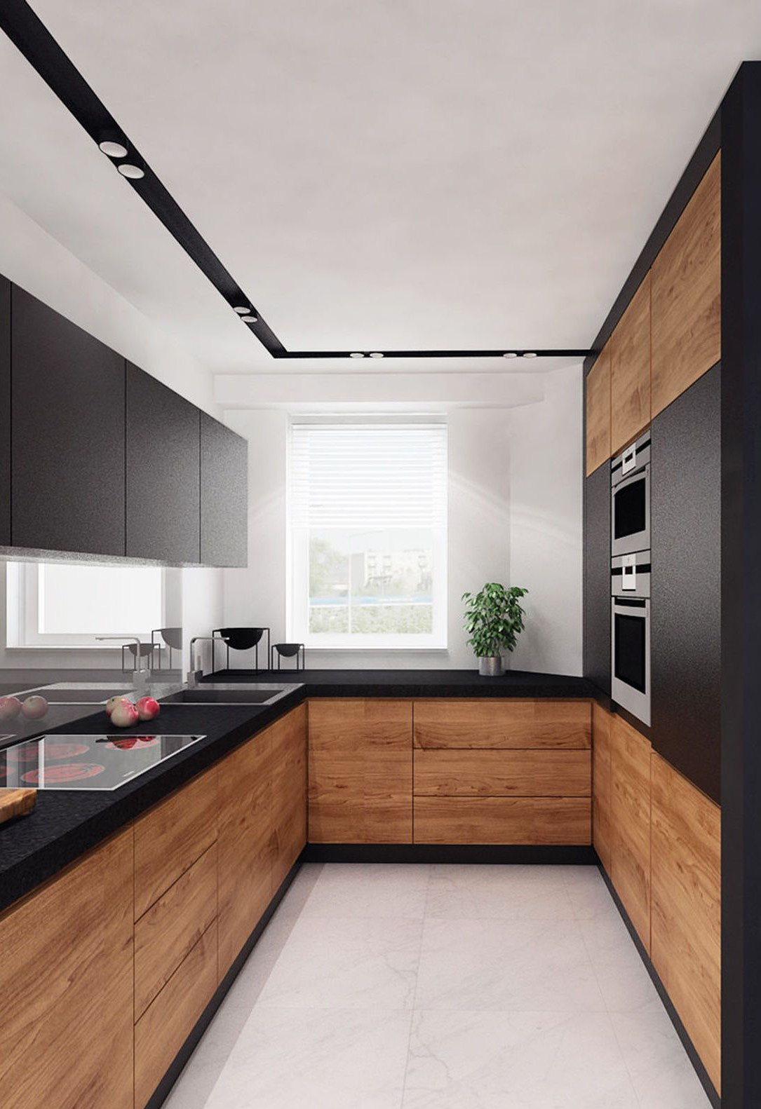  Tủ bếp nổi bật với gam màu đen và màu gỗ đậm.