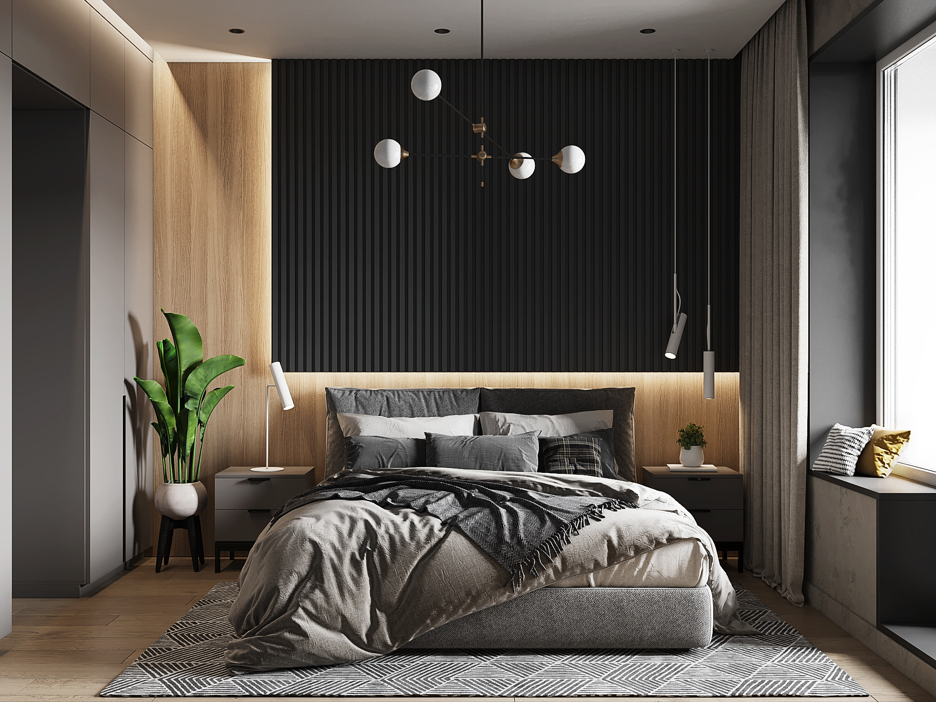  Thiết kế phòng ngủ master hiện đại này có cách tiếp cận thực tế hơn là những sự táo bạo và nhiều sắc màu trong các không gian khác.