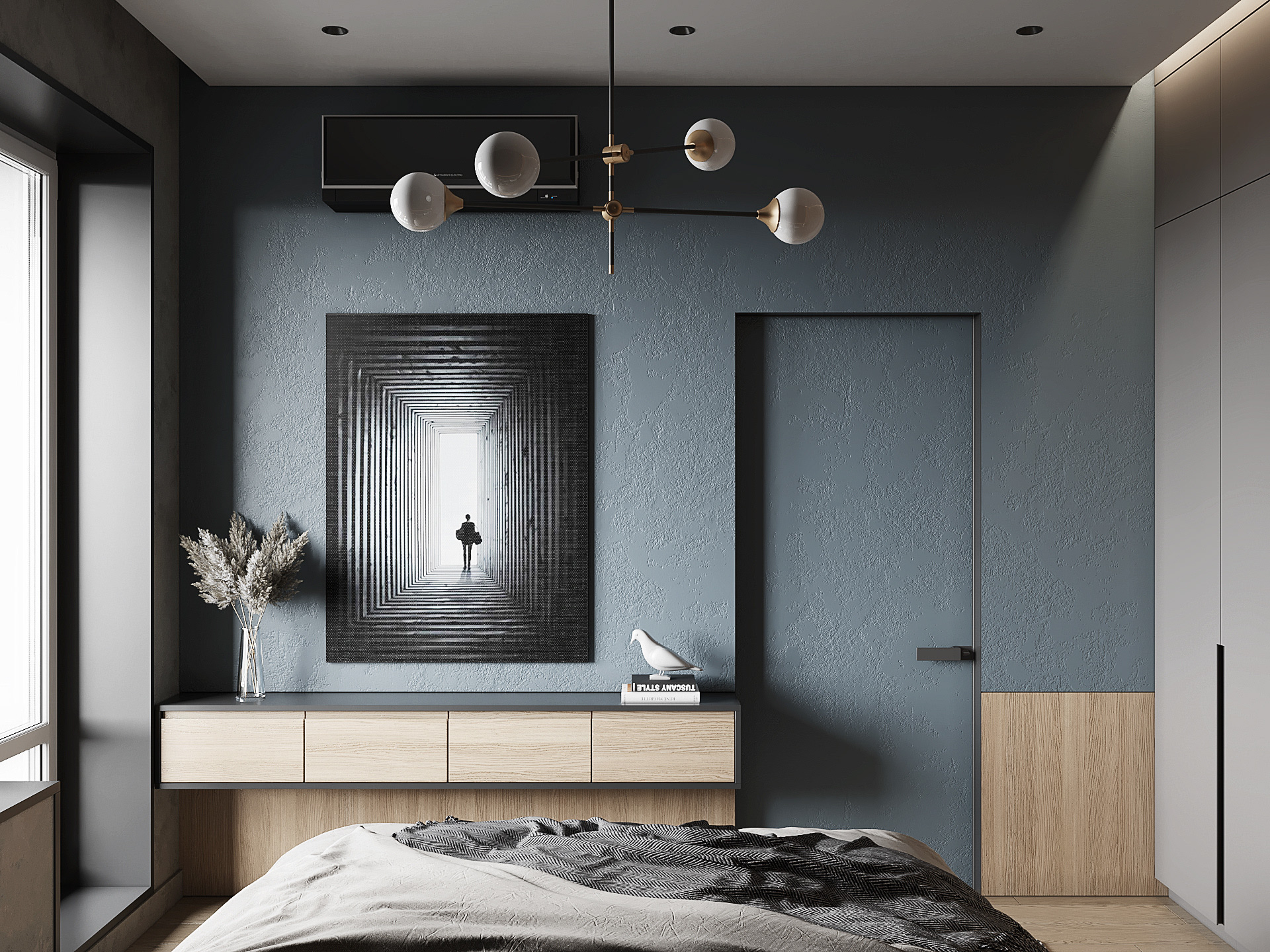 Việc sử dụng thông minh các mảng màu pha trộn giữa đen, xám và màu gỗ giúp phòng ngủ trở nên thú vị và dễ đắm chìm vào giấc ngủ.