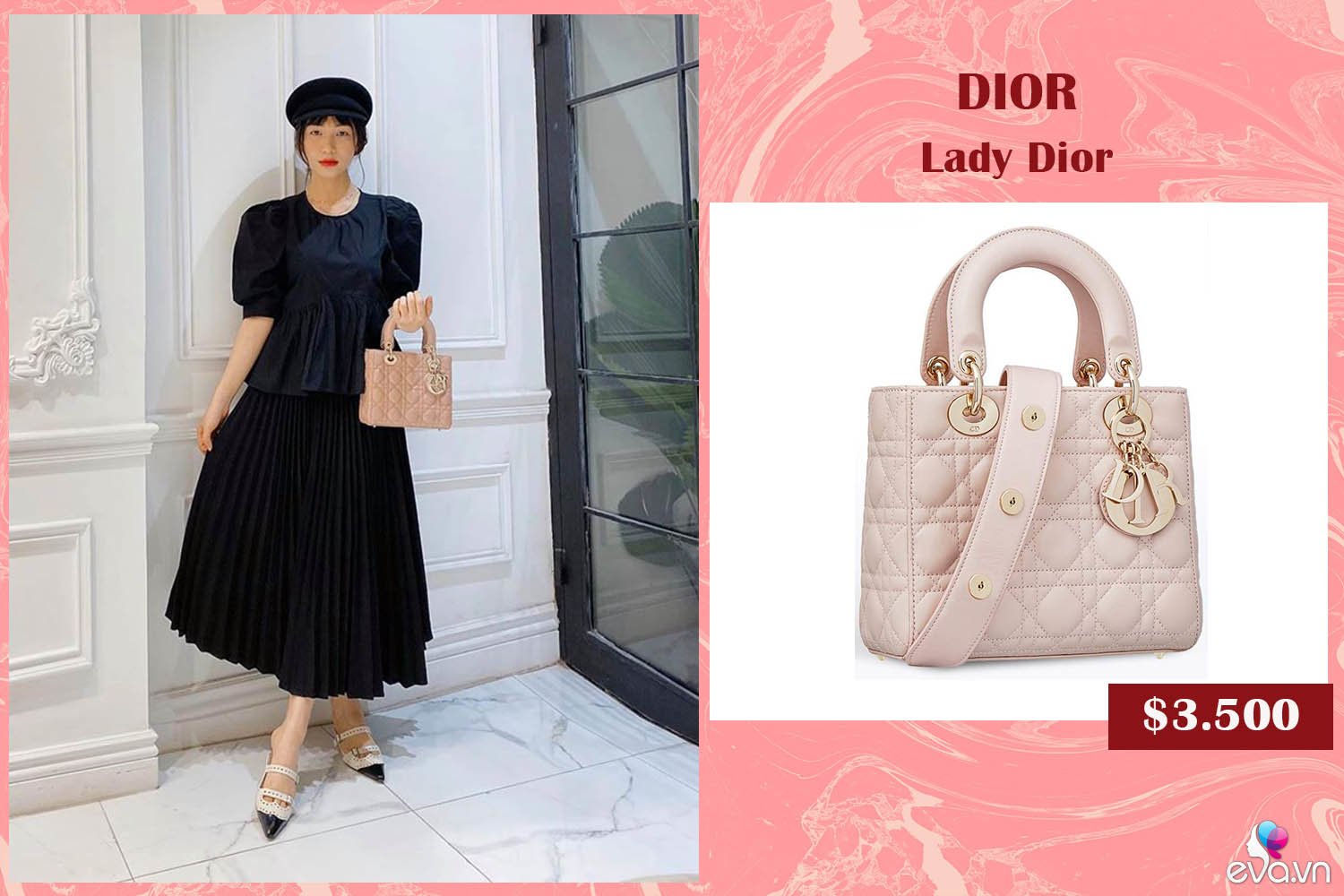 Khoe dáng trong cây đồ đen toàn tập và kín như bưng, Hòa Minzy vẫn lôi cuốn bao ánh nhìn nhờ vào chiếc túi kinh điển có giá thành hơn 100 triệu đồng của nhà mốt Dior. Với sắc hồng dịu dàng và thanh lịch của Lady Dior, nữ ca sĩ trông hệt một cô tiểu thư quyền quý.
