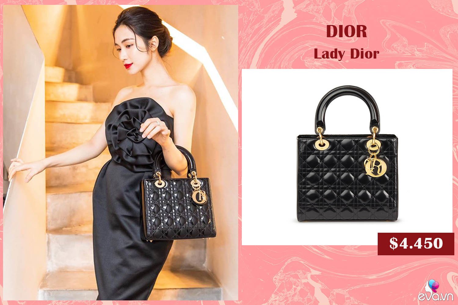  Bên cạnh mẫu túi Lady Dior hồng size nhỏ, Hòa Minzy cũng sắm về cho mình thiết kế có kích cỡ lớn hơn được làm từ da bóng sang chảnh. Để kết hợp với chiếc túi, cô nàng chọn khoác lên mình mẫu đầm đen gợi cảm có kiểu quây ngực, mang điểm nhấn là bông hoa 3D được xếp tỉ mỉ.