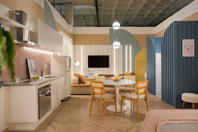  Căn hộ có diện tích 40 m2 được hoàn thiện vào năm 2019 bởi Camila Fleck Arquitetura. Cảm hứng sáng tạo của nhóm kiến trúc sư đến từ một chuyến du lịch Milan, nơi họ nhìn thấy những công trình mang sắc màu pastel của thành phố. 