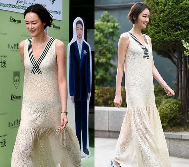 Người mẫu Lee Hye Jung không chỉ diện đồ trắng đi đám cưới mà còn chọn váy có chất liệu mỏng manh đến độ lộ cả dấu vết nội y bên trong tạo nên hình ảnh kém duyên nhức mắt.