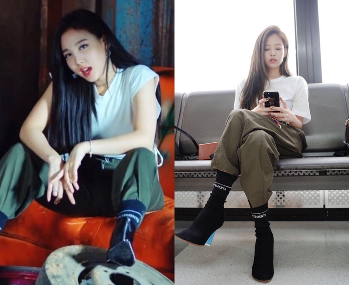  Thật khó để lý giải vì sao có sự ăn ý giữa Nayeon và Jennie trong mảng thời trang khi cả hai tiếp tục diện giống nhau kiểu quần quân đội cool ngầu và phối với áo phông, ankle boots.